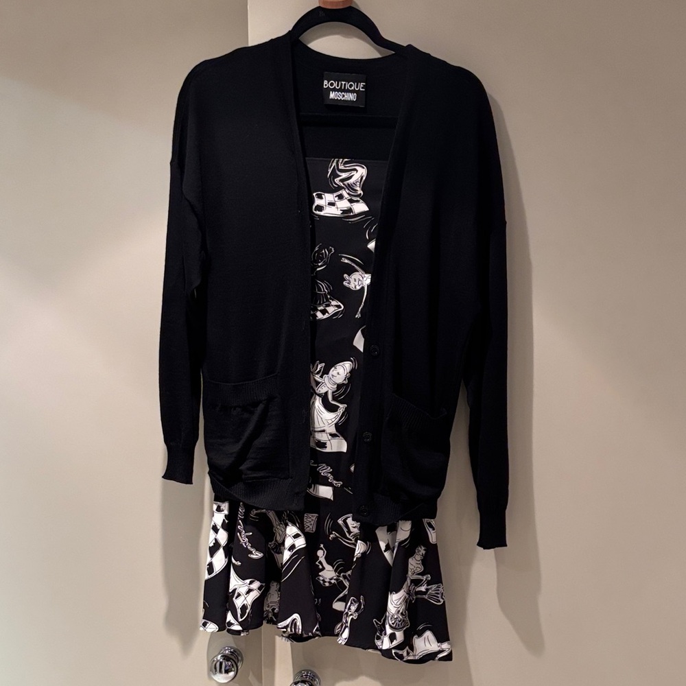 Moschino Wool Cardigan Chess Print Mini Skirt Skater Dress Size 4